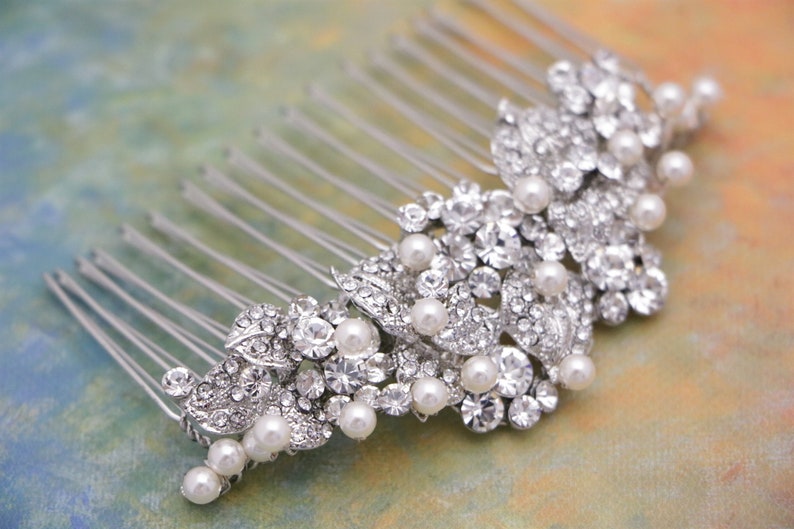 Pearl and Crystal hair comb Side bridal hair comb Rhinestone Wedding comb Side hair comb Wedding headpiece Bridal hair accessories floral image 5