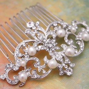Bridal hair comb silver Bridal hair accessories Pearl side comb Wedding hair piece Bridal hair jewelry Wedding hair comb Rhinestone hair pin image 6