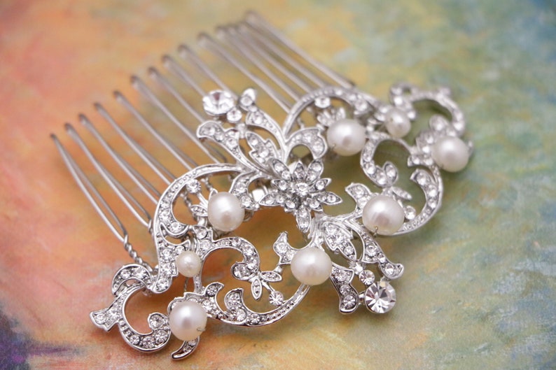 Bridal hair comb silver Bridal hair accessories Pearl side comb Wedding hair piece Bridal hair jewelry Wedding hair comb Rhinestone hair pin image 6