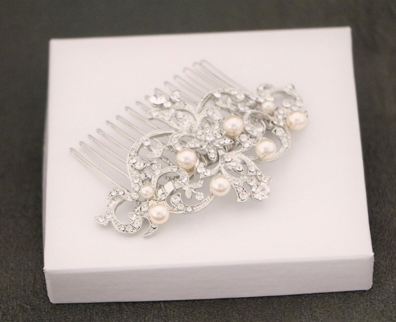 Bridal hair comb silver Bridal hair accessories Pearl side comb Wedding hair piece Bridal hair jewelry Wedding hair comb Rhinestone hair pin image 5