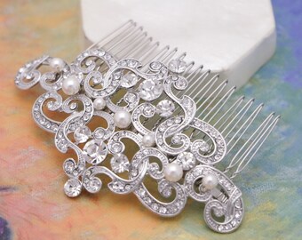 Bridal comb Crystal headpiece Silver Wedding hair comb Pearl side comb Wedding hair accessories floral Bridal hair piece Wedding comb Side