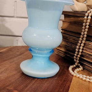 Fenton Art Glass for Weil Ceramics Blue Overlay Milk Crest Rolled Top Vase vintage