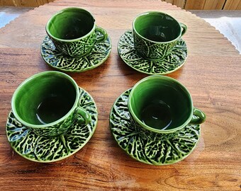 Williams sonoma green cabbage tea cup and saucer set of 4