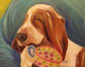 REST PERIOD,  Original 16 x 20 Oil Painting of basset hound by Lesley Mills from Merlin's Garden Free Domestic Shipping