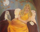 SEAT OF WISDOM, 30 X 40 framed original oil painting of angel and owl  by Lesley Mills from Merlin's Garden Free Domestic Shipping