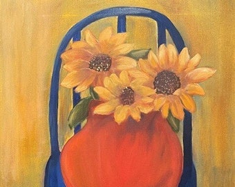 INDIGO CHAIR, 18 x 24 Original Colorful Oil Painting with sunflowers by Lesley Mills from Merlin's Garden Free Domestic Shipping