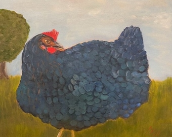 BLUE HEN, Original 20 x 20 Oil Painting by Lesley Mills from Merlin's Garden Free Domestic Shipping