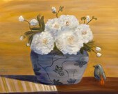 PEONY MAGIC, Original 16 x 20 Oil Painting by Lesley Mills from Merlin's Garden Free Domestic Shipping