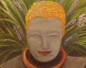 FUNKY GARDEN BUDDHA, Original 16 x 20 Oil Painting of Buddha in garden by Lesley Mills from Merlin's Garden Free Domestic Shipping