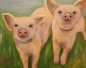 DOUBLE TROUBLE, Original 16 x 20 Oil Painting of PIGS by Lesley Mills from Merlin's Garden Free Domestic Shipping
