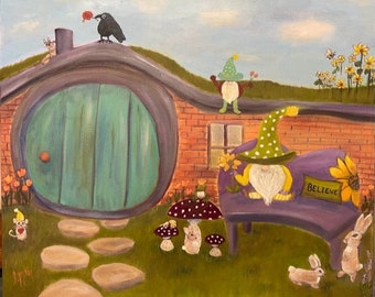 GNOMES AND FRIENDS, 20 X 24  Original Oil Painting by Lesley Mills from Merlin's Garden Free Domestic Shipping