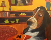 BENTLEY, Original 16 x 20 Oil Painting of basset hound in garden by Lesley Mills from Merlin's Garden Free Domestic Shipping
