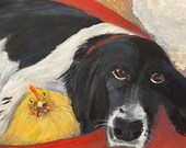 TILLY and the FLUFF SQUAD, Original 20 x 20 Oil Painting of dog and hens by Lesley Mills from Merlin's Garden Free Domestic Shipping