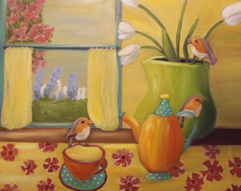 TEA TIME SERENADE, 20 x 20  Original Oil Painting by Lesley Mills from Merlin's Garden Free Domestic Shipping