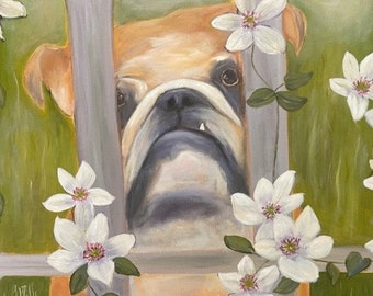 THE NEIGHBOR, 20 X 24 Original Oil Painting of english bulldog in garden by Lesley Mills from Merlin's Garden Free Domestic Shipping