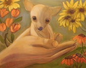 RISE AND SHINE,  Original 16 x 20 Oil Painting of a chihuahua puppy by Lesley Mills from Merlin's Garden Free Domestic Shipping