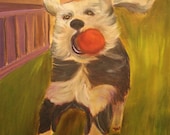 RUBY LOU,  Original 16 x 20 Oil Painting of dog with red ball by Lesley Mills from Merlin's Garden Free Domestic Shipping