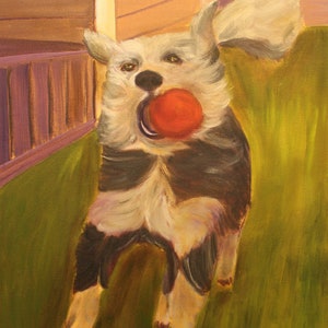 May include: Oil painting of a dog running with a red ball in its mouth. The dog has black and white fur, set against a green lawn and a wooden structure. The dog's ears are flying in the wind.