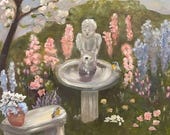 MORNING SONG, Original 16 x 20 Oil Painting of cottage garden by Lesley Mills from Merlin's Garden Free Domestic Shipping