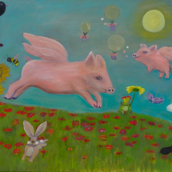 WHEN PIGS FLY , Glicee Fine Art Print of original oil painting by Lesley Mills from Merlin's Garden Free Domestic Shipping