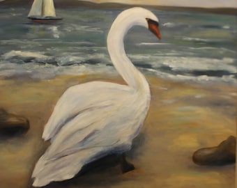 THE SEA SWAN, 24 X 30 Original Oil Painting by Lesley Mills from Merlin's Garden Free Domestic Shipping