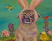 PUG BUNNY, Original 11 x 14 Glicee Fine Art Print of Pug in Garden Setting by Lesley Mills from Merlin's Garden