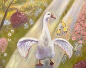 A WALK FOR JOY,  20x20 Original Whimsical Oil Painting of Geese by Lesley Mills from Merlin's Garden Free Domestic Shipping