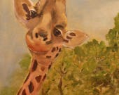 RAFI THE GIRAFFE, Original 12 X 24 Oil Painting of giraffe by Lesley Mills from Merlin's Garden Free Domestic Shipping