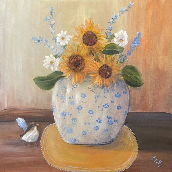 SUNFLOWER STILL LIFE, 24 X 24 Original Oil Painting of sunflowers and fairy wren by Lesley Mills from Merlin's Garden Free Domestic Shipping