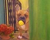 PLAY BALL,  Original 16 x 20 Framed Oil Painting of french bulldog by Lesley Mills from Merlin's Garden Free Domestic Shipping