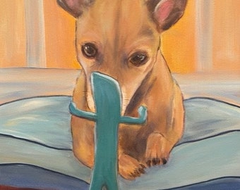 Gumby's Nemisis , Original 16 x 20 Oil Painting of dog facing Gumby by Lesley Mills from Merlin's Garden Free Domestic Shipping