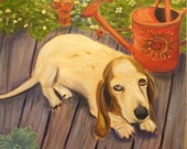 BROOKE, Original 20 x 20 Oil Painting of basset hound by Lesley Mills from Merlin's Garden Free Domestic Shipping