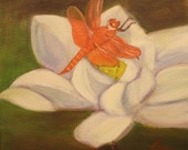 LOTUS AND DRAGONFLY, 12 X 12 Colorful Oil Painting of Lotus and Dragonfly, by Lesley Mills from Merlin's Garden Free Domestic Shipping