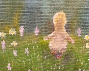 MORNING RUN, 6 X 8  original whimsical oil painting of baby duck  by Lesley Mills from Merlin's Garden Free Domestic Shipping