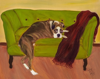 TITAN'S BED, Framed 16x20 Original Whimsical Oil Painting of boxer by Lesley Mills from Merlin's Garden Free Domestic Shipping