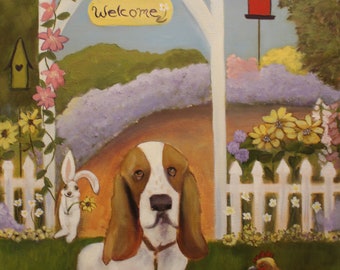 GARDEN WELCOMING COMMITTEE,  Original 16 x 20 Oil Painting of basset hound by Lesley Mills from Merlin's Garden Free Domestic Shipping