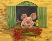 LULU'S BALCONY, Original 16 x 20 Oil Painting of pig in garden by Lesley Mills from Merlin's Garden Free Domestic Shipping