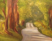 GOING HOME, Original 20 x 20 Oil Painting of country road leading home by Lesley Mills from Merlin's Garden Free Domestic Shipping