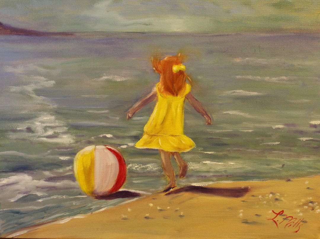 BEACH BALL DANCE, Original 12 X 16 Oil Painting of Girl Playing With