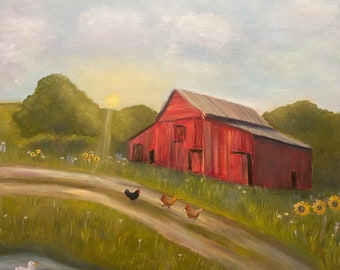 A NEW DAY, 20 x 24 Original Oil Painting of red barn by Lesley Mills from Merlin's Garden Free Domestic Shipping