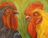 COUNTRY CHAT, 12 x 16 Original Oil Painting of Chickens in conversation on heavy duty canvas by Lesley Mills from Merlin's Garden