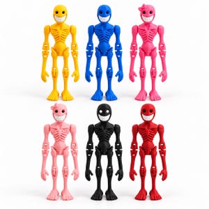 Puede incluir: Un conjunto de seis figuras de esqueleto articuladas en amarillo, azul, rosa fuerte, rosa claro, negro y rojo. Cada figura presenta una amplia sonrisa con dientes visibles, un diseño de caja torácica y extremidades articuladas. Dos tienen un lazo.