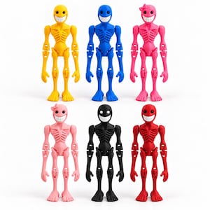 May include: A set of six articulated skeleton figures in yellow, blue, hot pink, light pink, black, and red. Each figure features a wide, toothy grin, a ribcage design, and jointed limbs. Two of the figures, the hot pink and light pink, have bows.