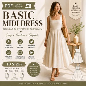 May include: A PDF sewing pattern for a basic midi dress with a circular skirt. The text includes 'BASIC MIDI DRESS', 'CIRCULAR SKIRT PATTERN FOR WOMEN', '10 SIZES', 'XXS-4XL', 'A4', 'US LETTER', 'A0', 'INSTANT DOWNLOAD', 'PDF PATTERN', and 'BEGINNER FRIENDLY'.