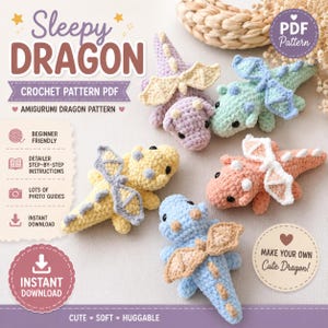 Può includere: Uno schema digitale all'uncinetto in PDF per draghi amigurumi, con il testo Sleepy Dragon, Crochet Pattern PDF, Amigurumi Dragon Pattern, Beginner Friendly, Step-by-Step Instructions, Photo Guides, Instant Download e Make Your Own Cute Dragon.