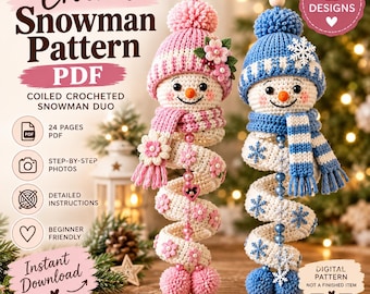 Puede incluir: Un patrón de ganchillo en PDF digital para un dúo de muñecos de nieve en espiral con dos diseños. El patrón incluye 24 páginas con fotos paso a paso e instrucciones detalladas. Las figuras terminadas son muñecos de nieve con gorros de pompón.