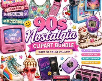May include: A 90s nostalgia clipart bundle featuring a pink television, cassette tapes, a floral handbag, a flip phone, a camcorder, a Tamagotchi, chunky trainers, roller skates, a milkshake, a CD player, a boombox, and a denim handbag.