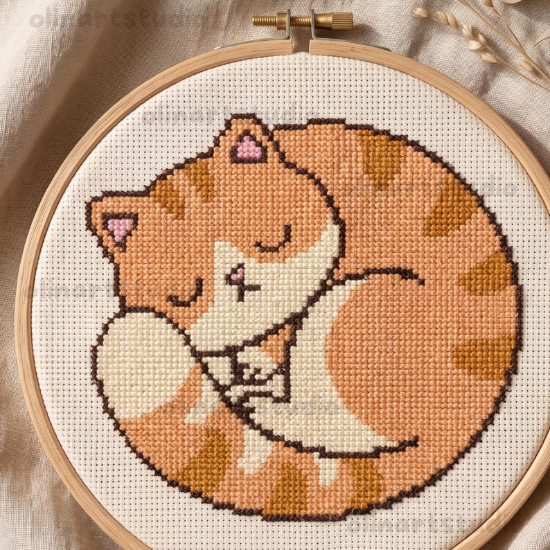 Sleepy Orange Tabby Cat Cross Stitch Pattern PDF, Chubby Embroidery ...