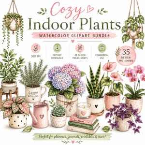 以下が含まれることがあります： Cozy Indoor Plantsというタイトルのデジタル水彩クリップアートバンドルで、35個のPNG要素が含まれています。コレクションには、様々な鉢植え、ハンギングプランター、じょうろ、キャンドル、Grow With Loveなどのテキストが書かれた積み重ねられた本が含まれています。