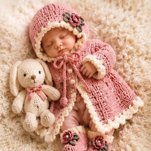 May include: A sleeping infant wearing a dusty pink crocheted coat with a matching bonnet and booties, each adorned with a small rose and cream-colored trim. The coat features pearl-like buttons and a tie closure. A cream-colored crocheted rabbit toy sits nearby.